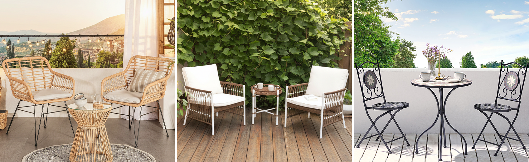 Balcony furniture in PE rattan, treated wood, and aluminium showing different material styles