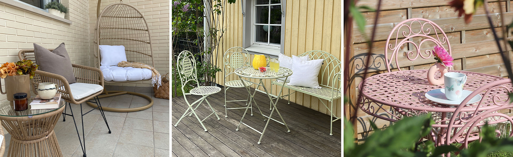 Three balcony styling trends: wicker furniture, earthy tones, and colourful accents