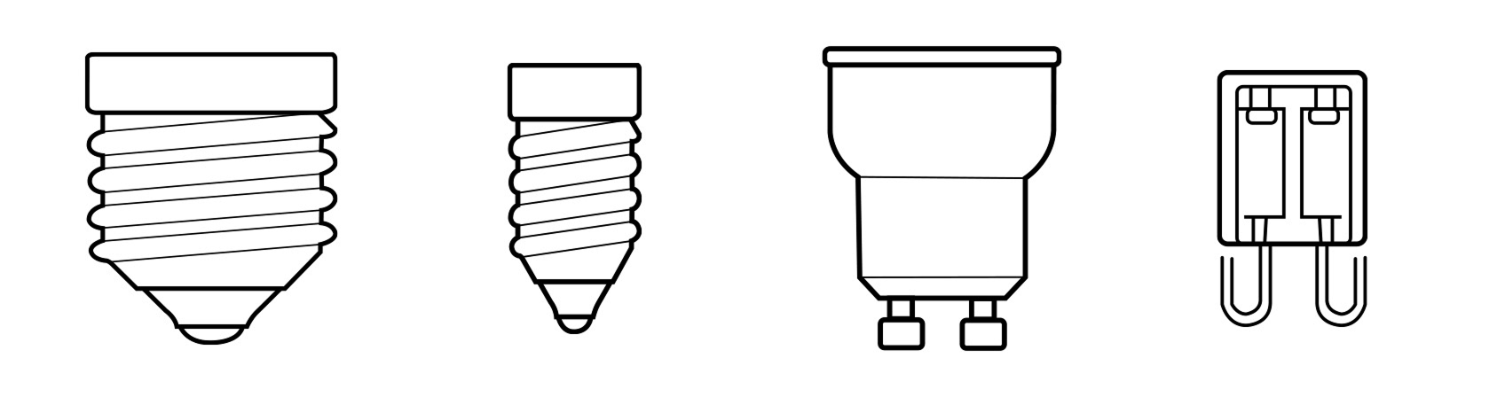 Line-art diagram showing four labeled light bulb bases: E 27, E 14, GU 10, and G 9