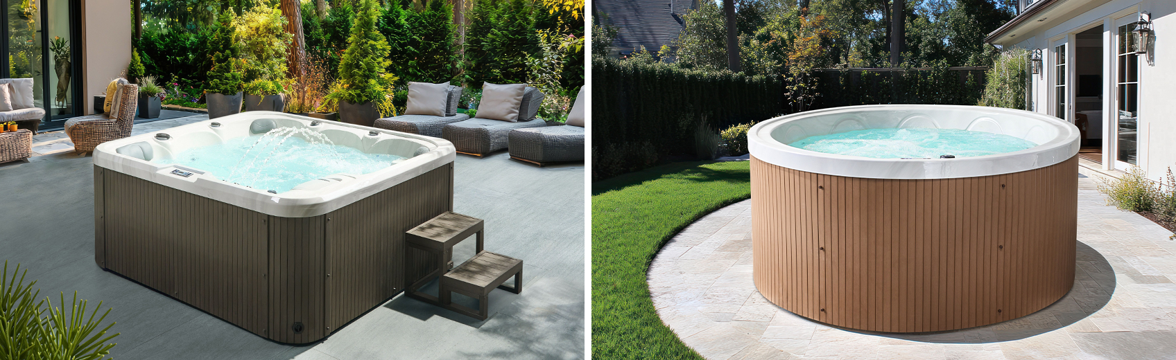 A two-panel collage of outdoor hot tubs: the left panel shows a square jacuzzi with a dark wood-effect cabinet and small steps on a modern patio; the right panel features a round hot tub with light wood vertical slats set on a stone terrace next to a lawn.