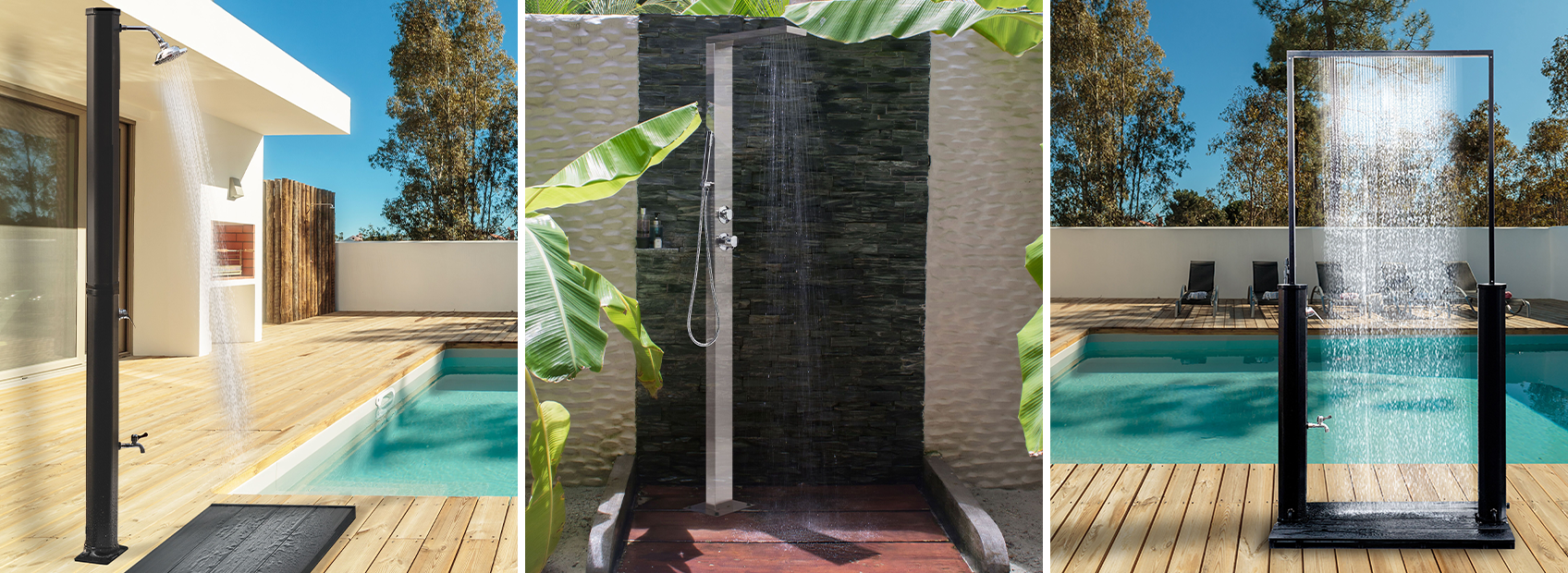 A three-panel collage of modern outdoor showers: the left panel shows a sleek black shower column on a wooden pool deck; the middle panel features a stainless steel rain shower against a dark stone wall; the right panel displays a unique wide arch frame shower creating a water curtain effect by a swimming pool.