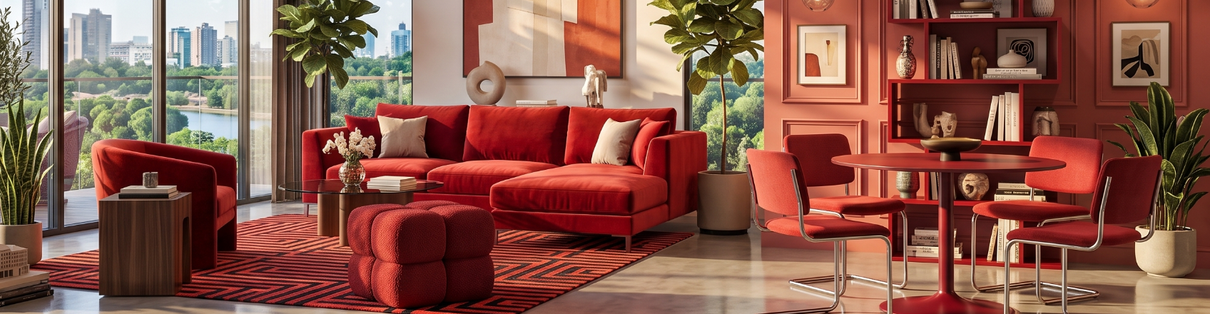 Stylowy salon z czerwoną sofą, dopasowanymi dodatkami do domu i dekoracyjnymi akcentami, które tworzą ciepłą, przytulną atmosferę.