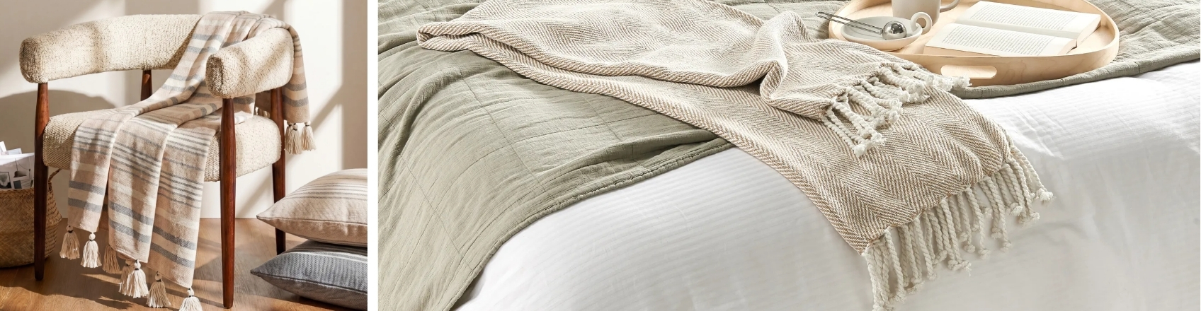 blanket on an armchair and thrown on a bed