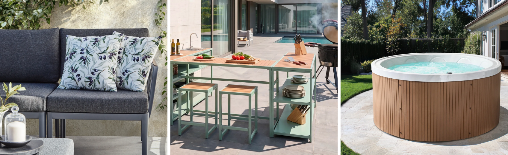 outdoor cushions, garden kitchen and outdoor hot tub in a modern garden