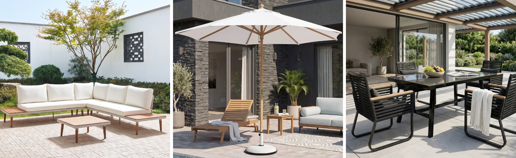 outdoor setup with lounge set, lounger and parasol and garden dining set