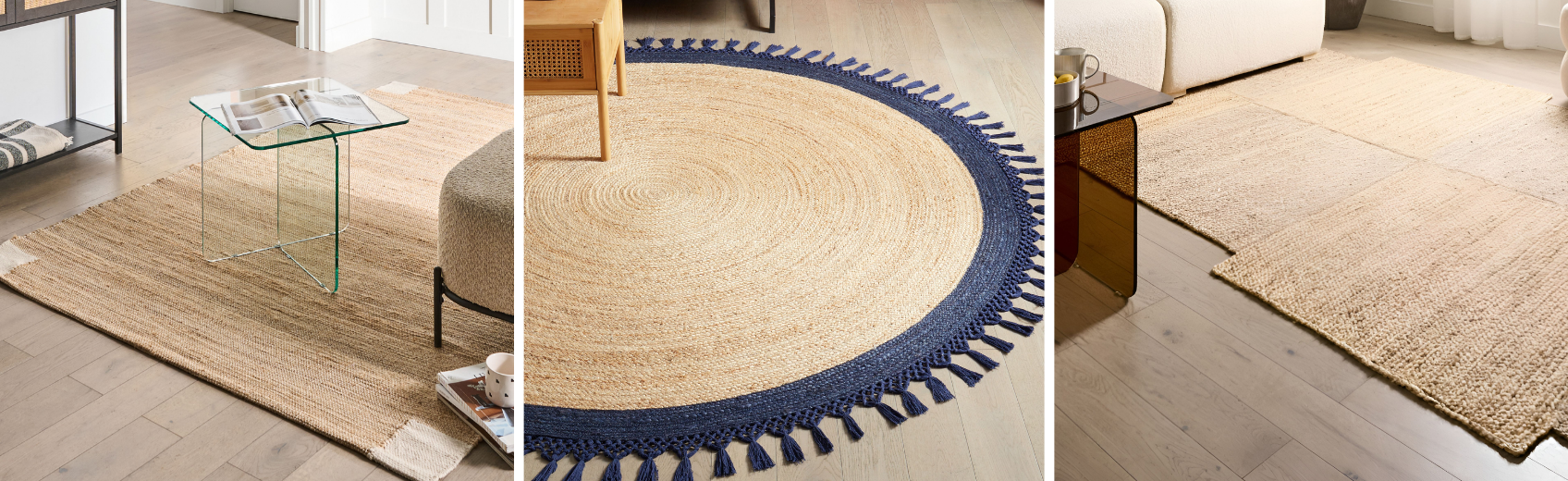 jute rugs in various modern rooms