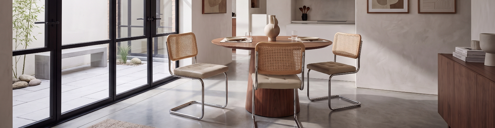 minimalist dining room with leather dining chairs
