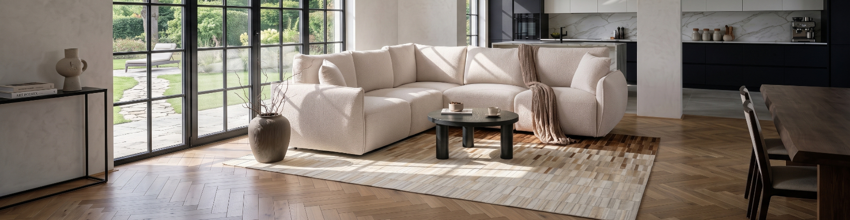 minimalist living room with leather rug in the center