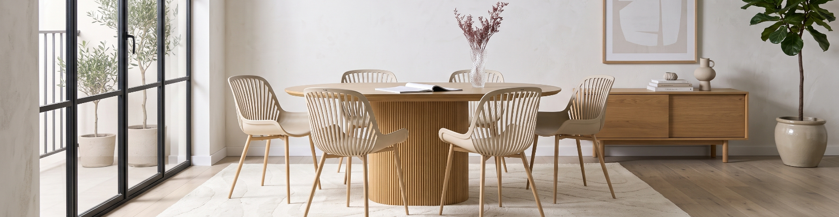 minimalist dining room with plastic dining chairs