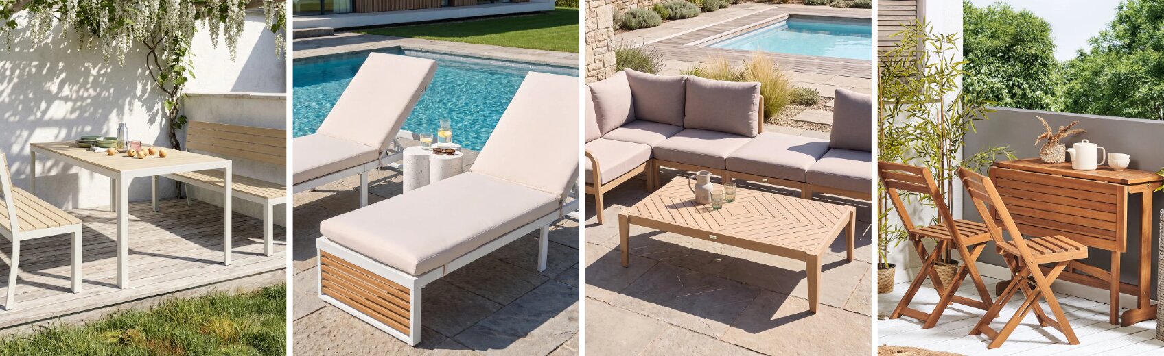 Four-panel collage showcasing modern outdoor patio furniture, including a white dining set, poolside lounger chairs, a sectional sofa with a chevron table, and a compact wooden balcony set.