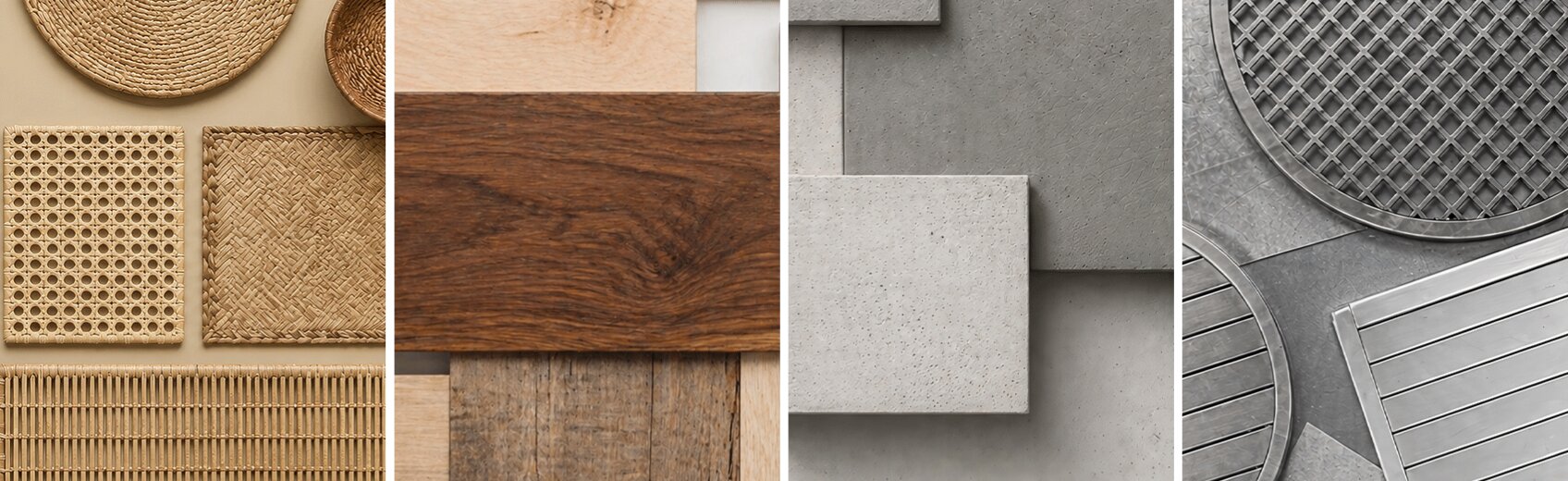 Four-panel material mood board featuring rattan and wicker weaves, natural wood grains, stone and concrete slabs, and metallic slatted surfaces.