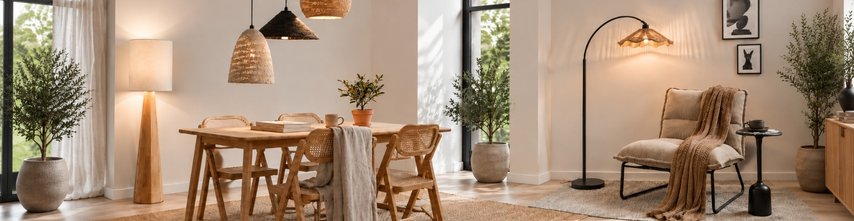 Different types of lamps, including hanging and floor lamps in a dining room