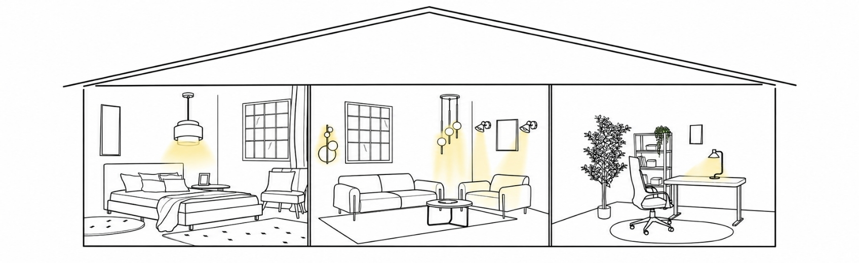 Three rooms showing ambient light in a bedroom, accent lighting on living room walls, and focused task lighting on a home office desk