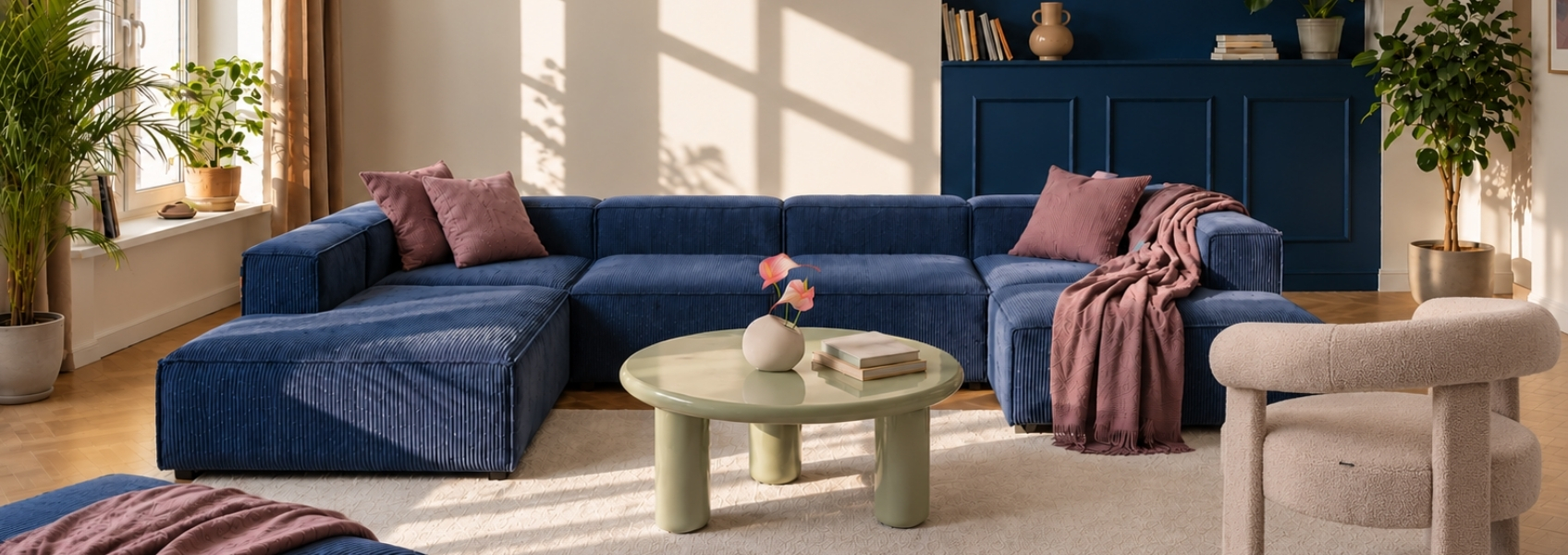 photo showing living room with oversized sofa and low armchairs glossy side tables and metallic floor lamp