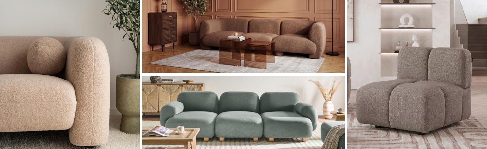 collage of plush, low oversized armchairs and sofas