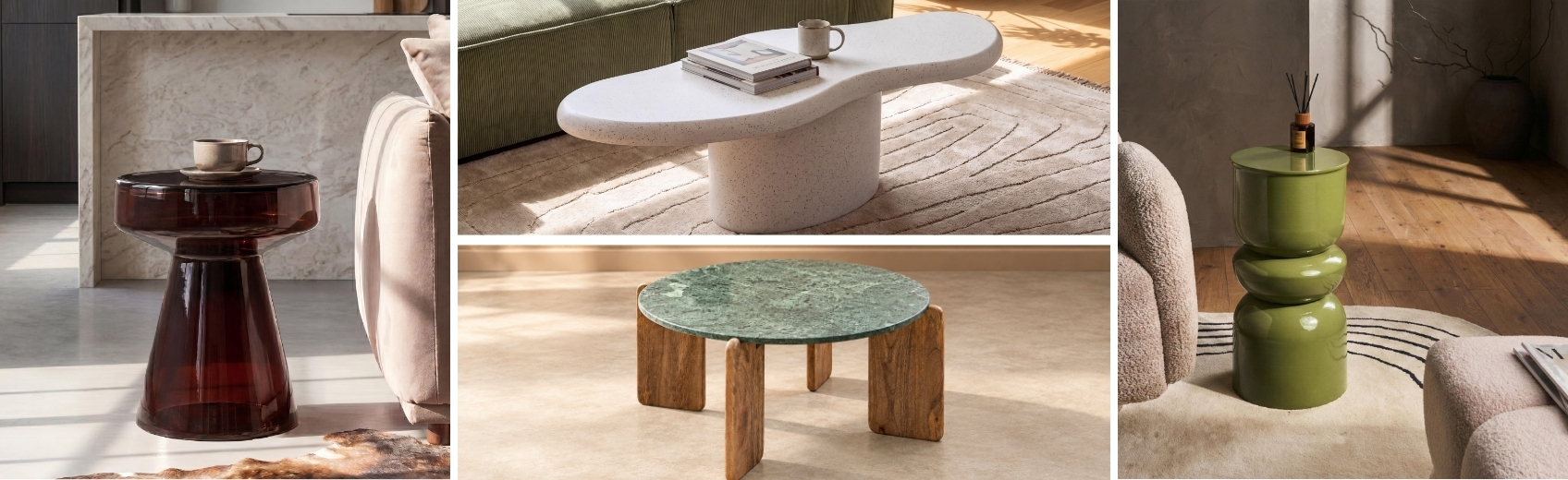collage of art-like, sculptural coffee and side tables