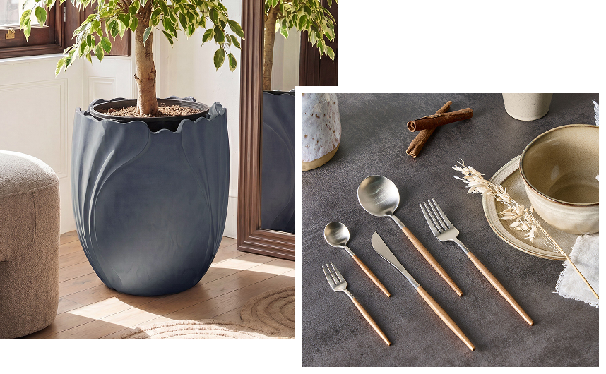 Ceramic plant pot and enamel cutlery in muted, matte tones