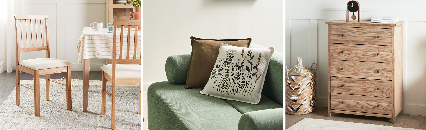 Collage showing solid wood furniture, rounded shapes and muted colours typical of the look