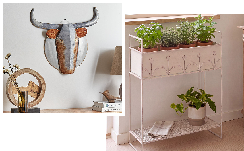Dark metal decorative details including handles and hooks
