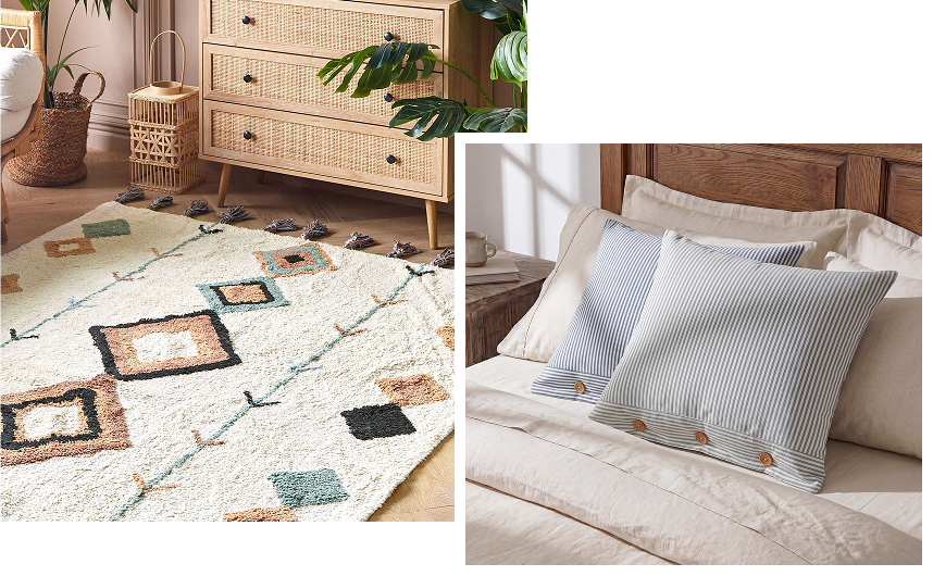 Rug and cushions showcasing cotton and linen fabrics in muted colours