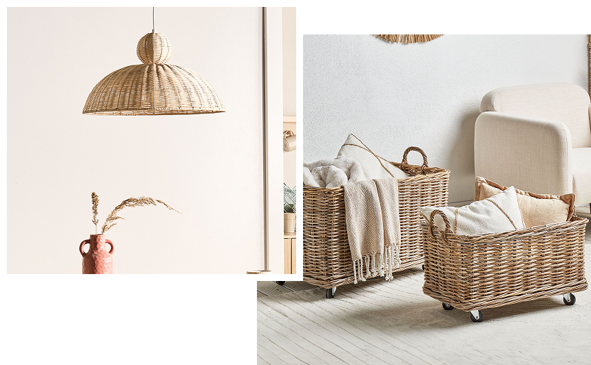 Rattan and wicker accessories showcasing woven, natural texture