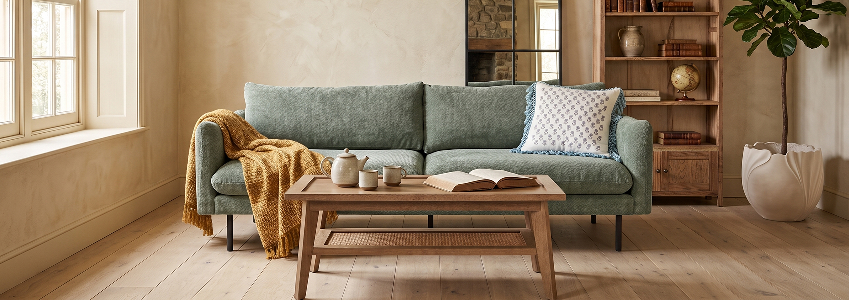 Cottage style interior with wooden furniture and cosy textiles