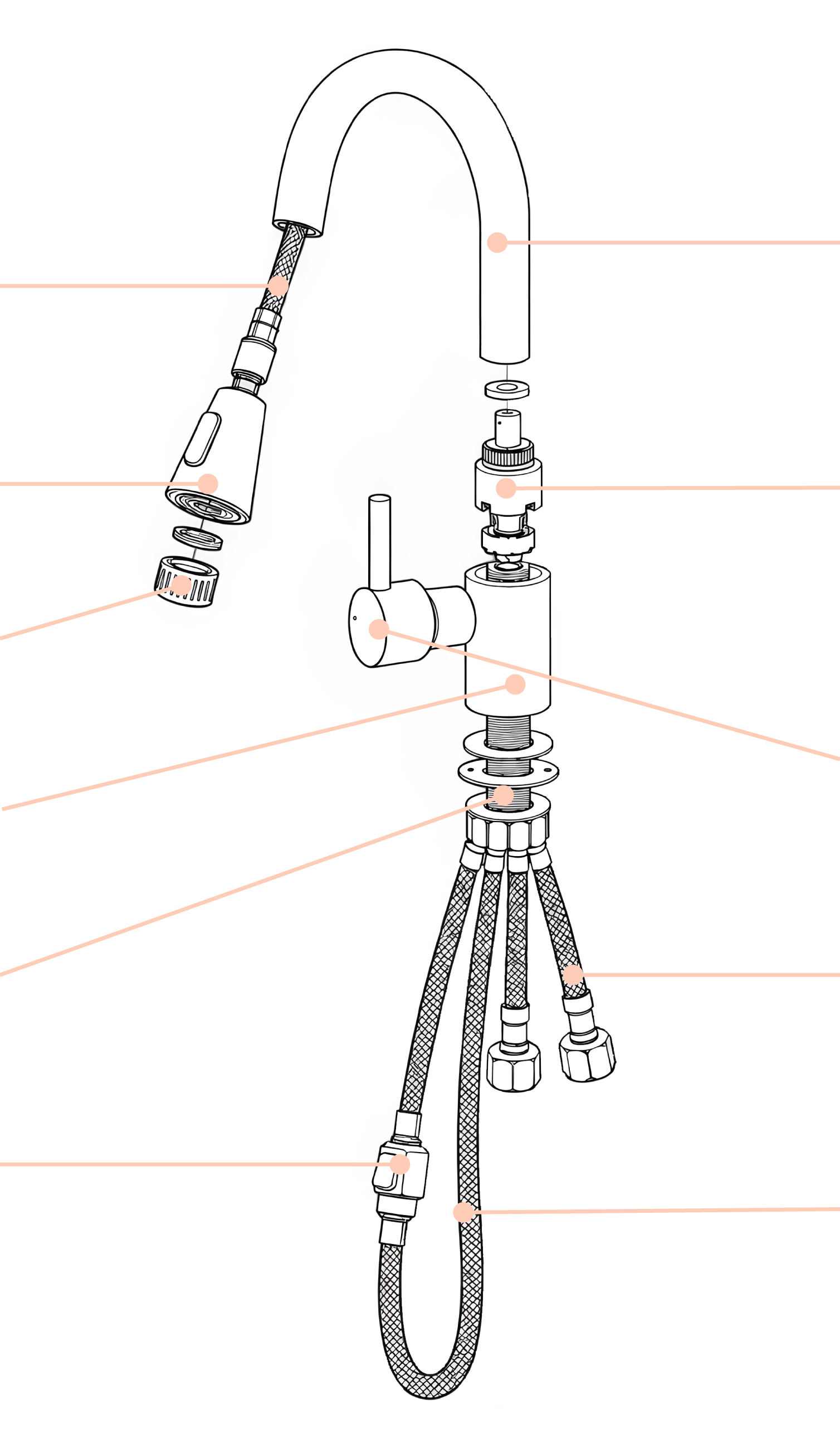 Exploded view of a single lever mixer tap