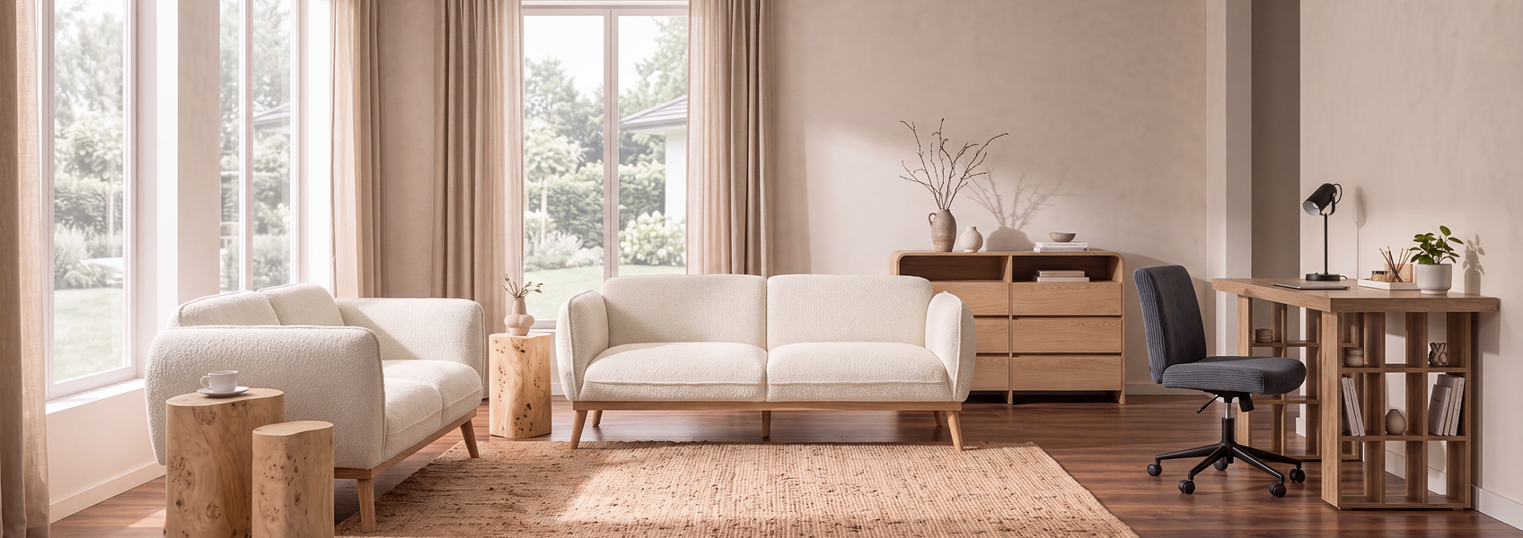 Minimalist Scandinavian living room featuring cream boucle sofas, natural wood accent tables, a jute rug, and an integrated desk workstation near large windows.