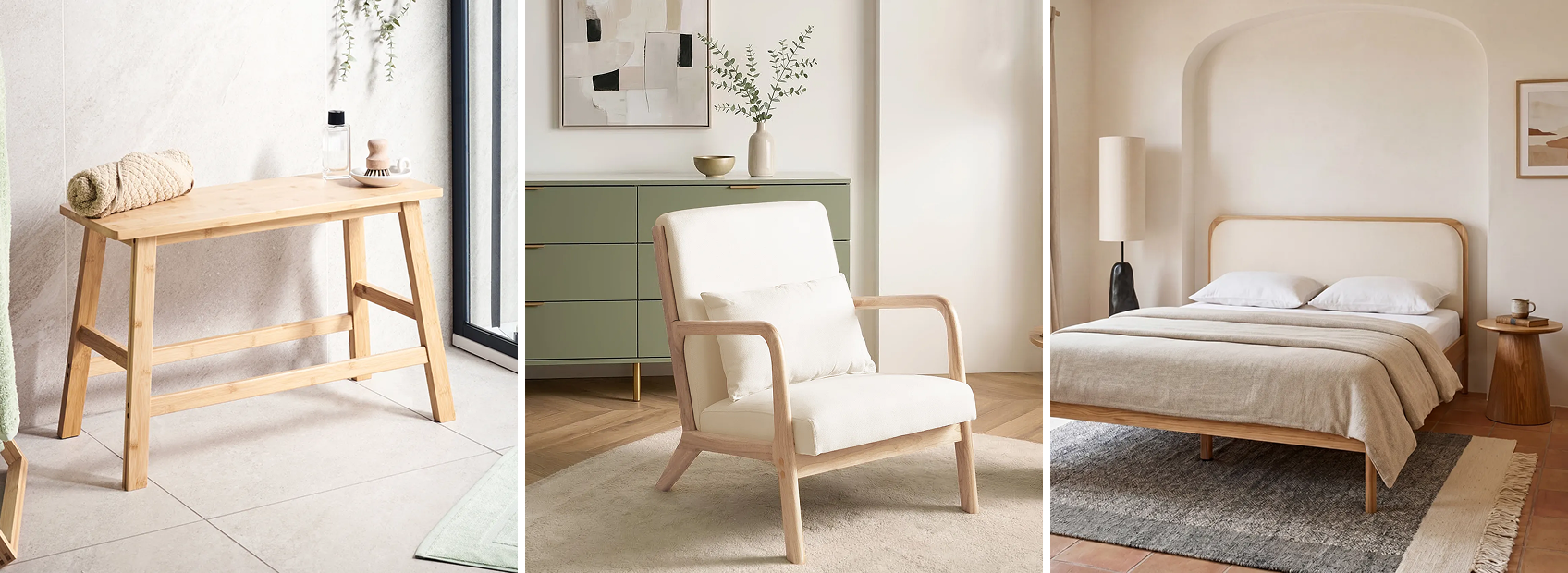 Three-panel photo collage featuring minimalist wooden furniture: a light wood bathroom bench, a cream accent armchair, and a Scandinavian bed frame with a padded headboard.