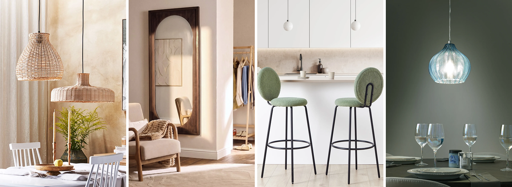 Four-panel collage of home decor including rattan lighting, an arched mirror, green bar stools, and a glass pendant lamp.