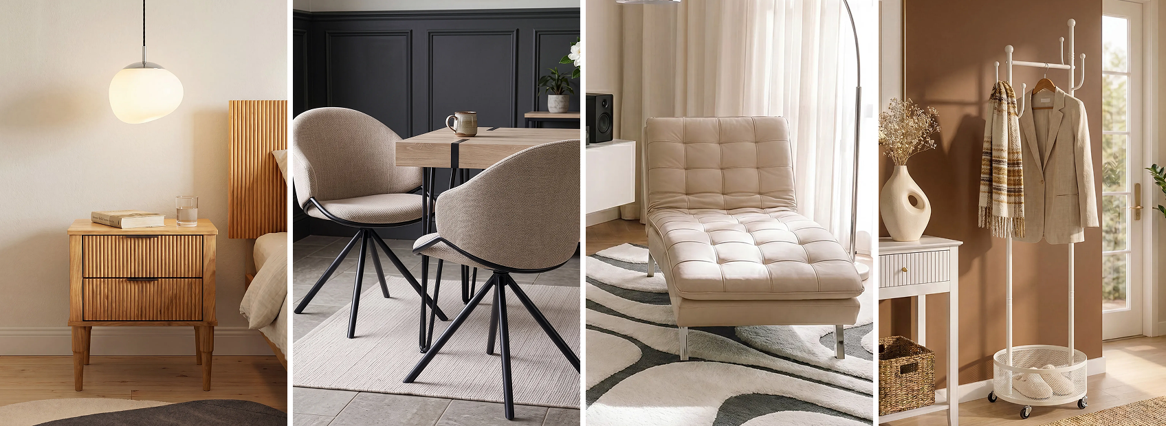 Collage of neutral Scandinavian furniture including sofas, a bed, a desk, a pouf, and an organic mirror.