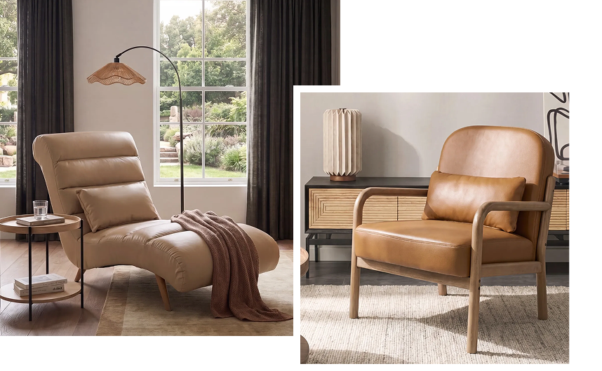 Collage with a leather chaise lounge chair and a wooden-framed leather armchair.