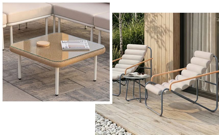 Collage with a glass-top woven coffee table and modern outdoor lounge chairs.