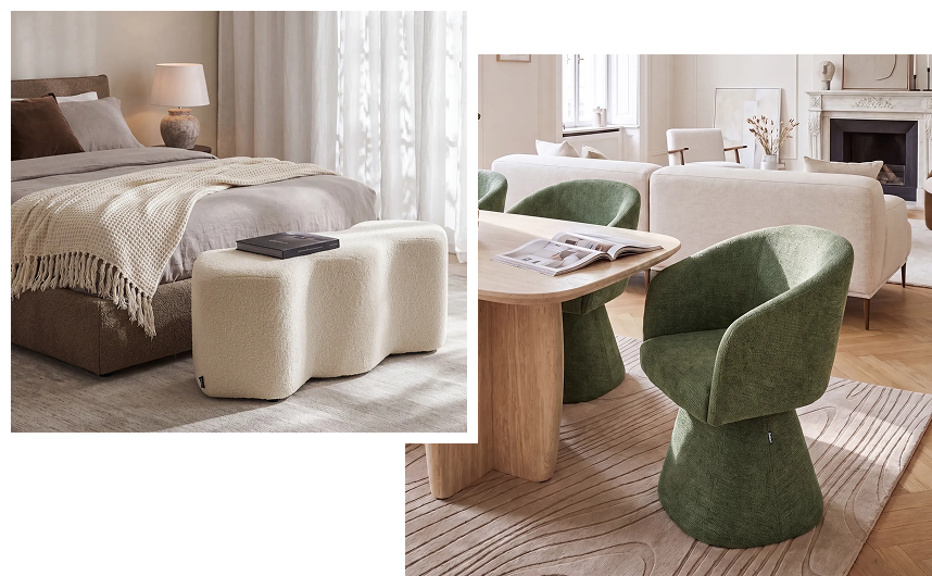Two-panel photo collage featuring a wavy cream bouclé bench at the foot of a bed, and green upholstered swivel dining chairs paired with a natural wood table.