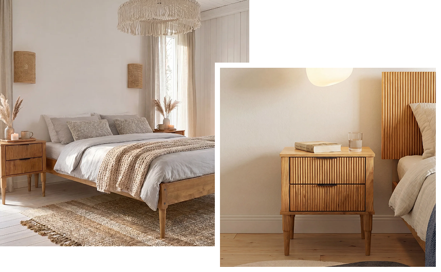 Two-panel photo collage of a Scandinavian-style bedroom featuring a wooden bed frame, a fringe chandelier, and a matching nightstand with fluted drawer fronts.