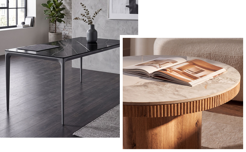 Traditional furniture materials featuring marble-effect surfaces and decorative details