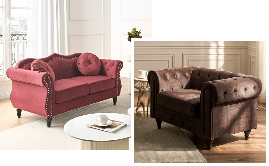 Traditional furniture upholstery featuring velvet and decorative woven fabrics