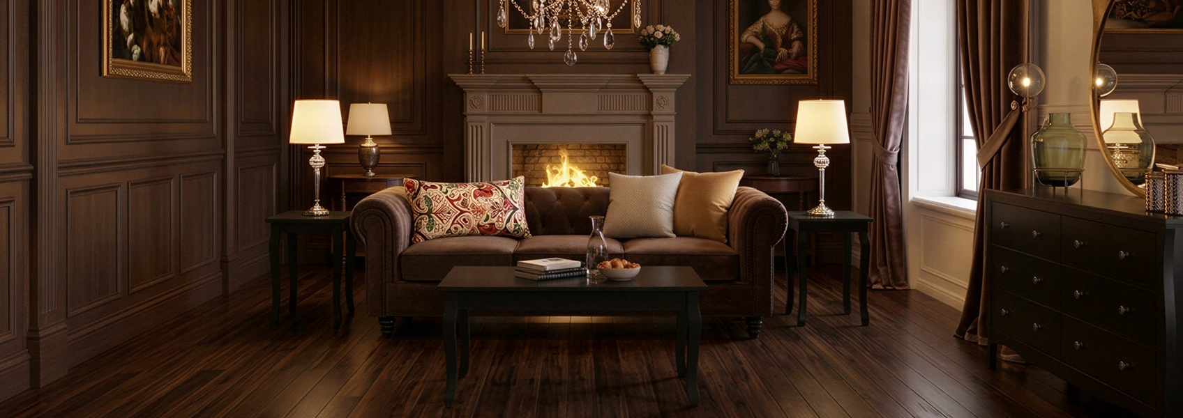 Traditional interior with dark-toned furniture and a Chesterfield sofa