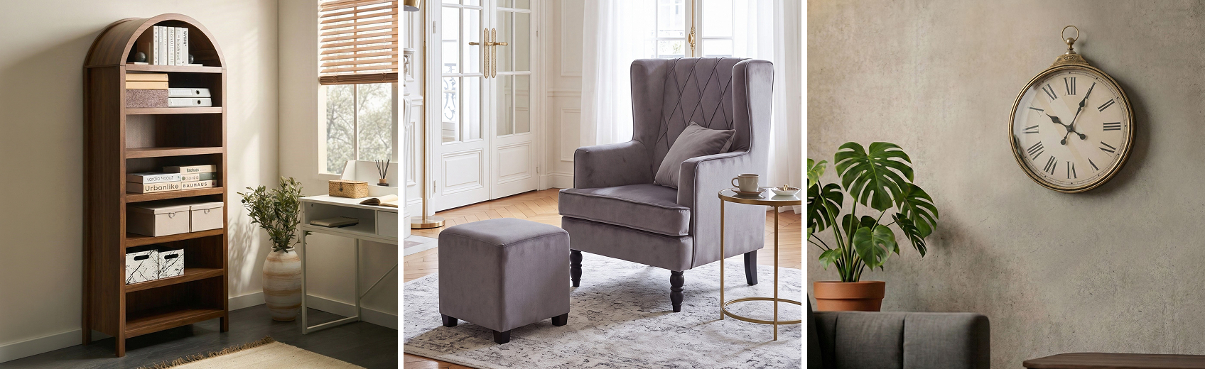 Collage showing classic furniture silhouettes, traditional upholstery and decorative details