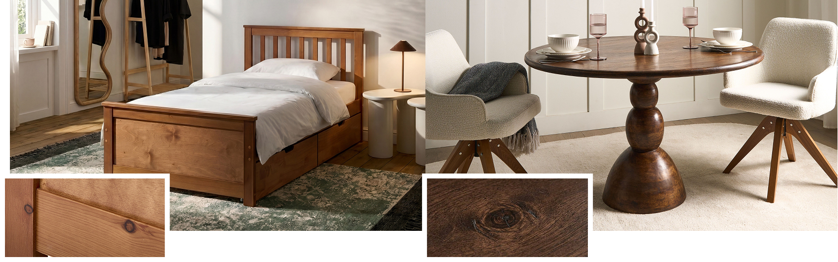 Close-up of wood grain and knots illustrating furniture surface finishes