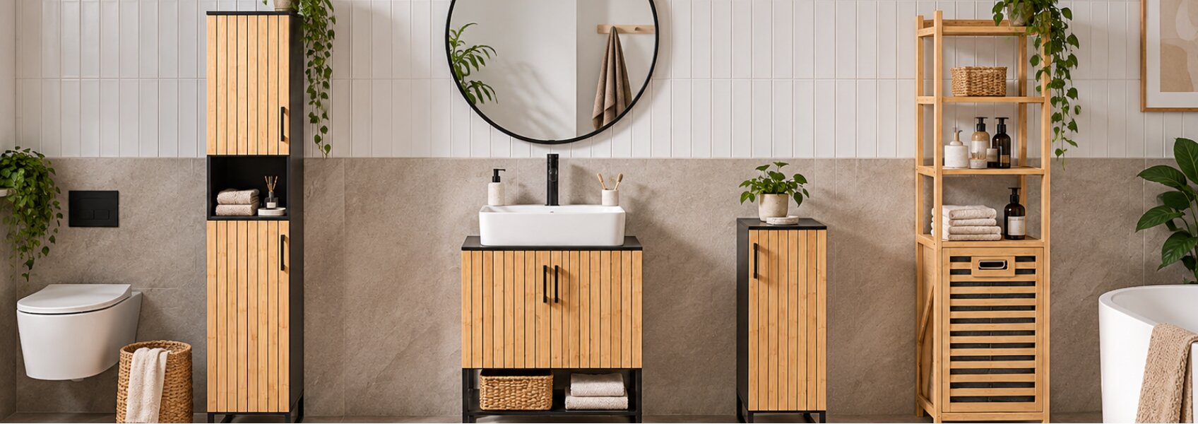 Modern bathroom featuring light-wood slatted furniture, including a tall storage cabinet, a vanity with a white vessel sink, and a tall bamboo shelving unit against dual-toned tiled walls.
