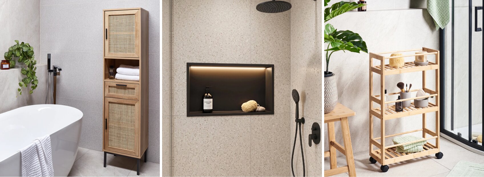 Three-panel collage highlighting bathroom storage ideas, including a tall cabinet with rattan mesh doors, an illuminated recessed shower niche, and a three-tier bamboo rolling cart.
