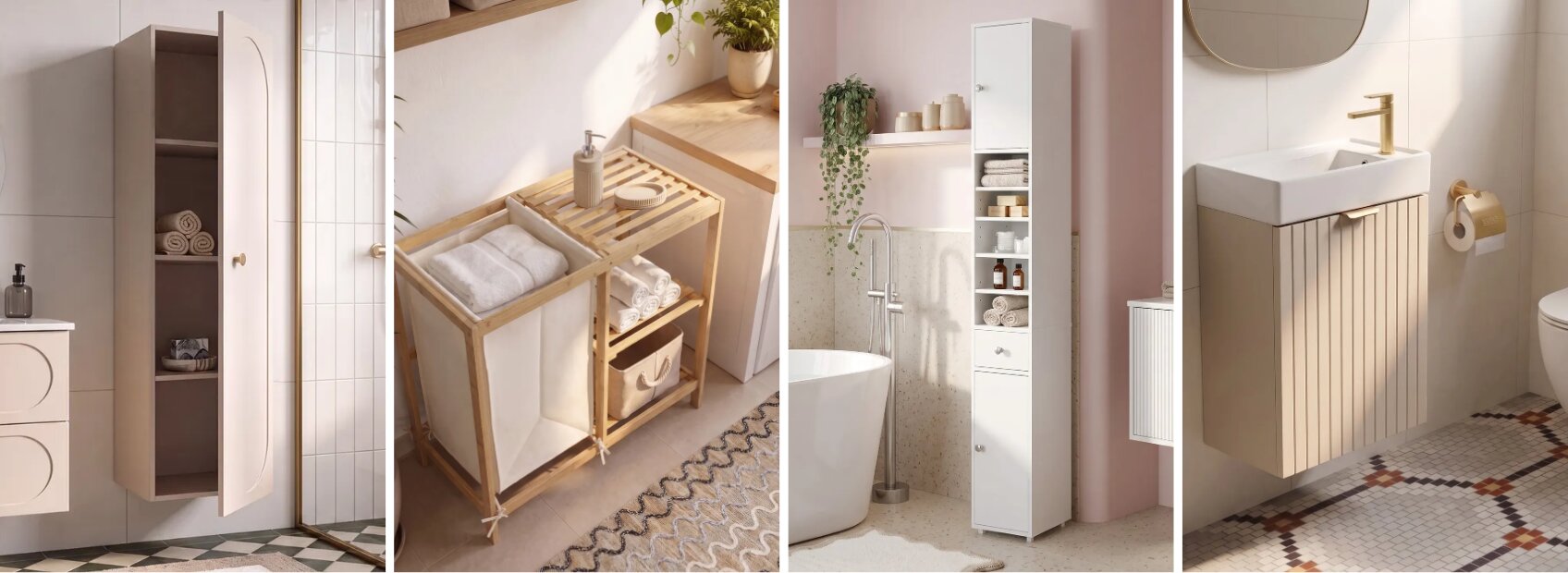 Four-panel collage displaying modern bathroom storage solutions, including a wall-mounted cabinet, a bamboo laundry hamper shelf, a slim white linen tower, and a compact slatted vanity.