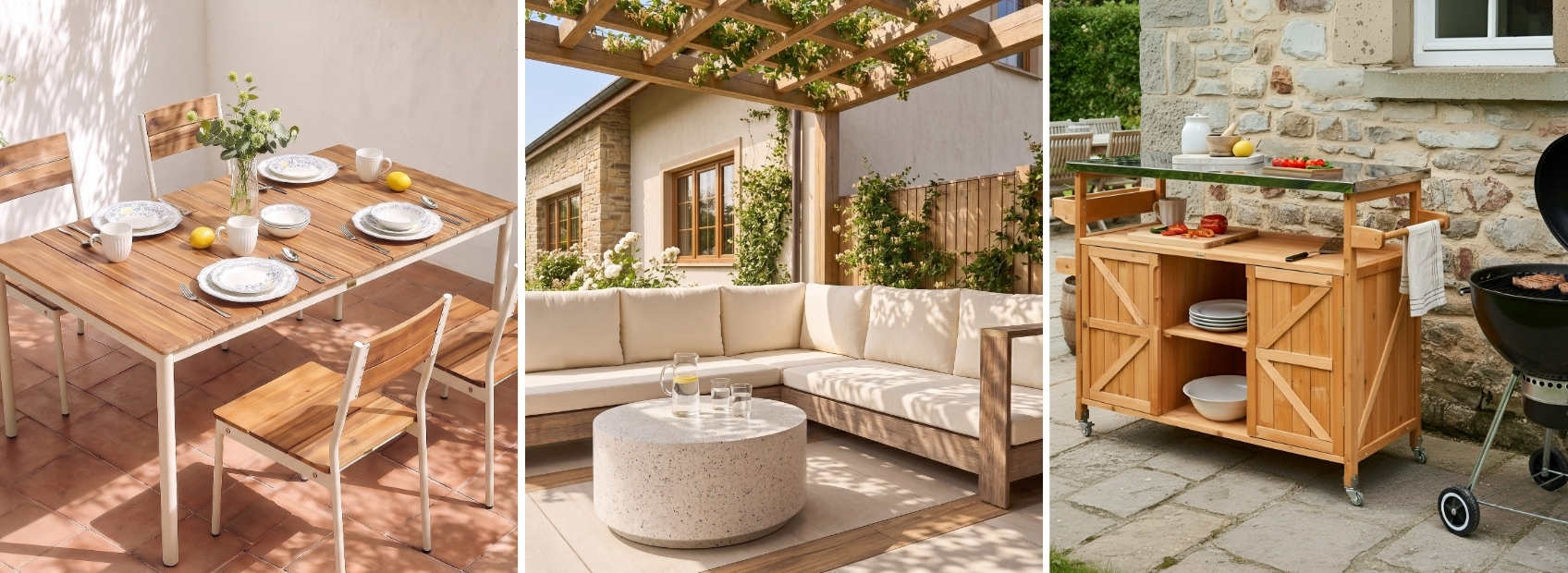 Collage with three pictures with an outdoor dining set, a lounge set and outdoor kitchen storage.