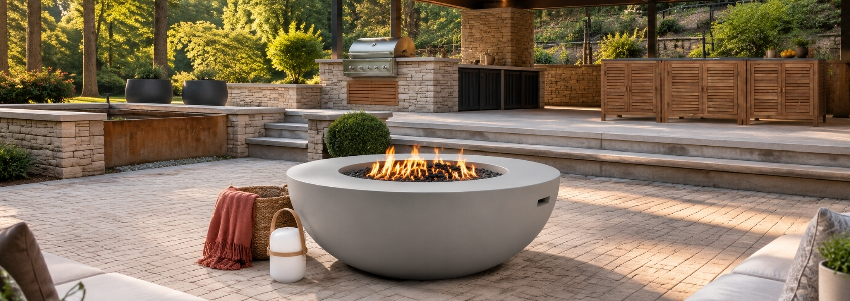 Outdoor dining and lounging area with a firepit in the centre