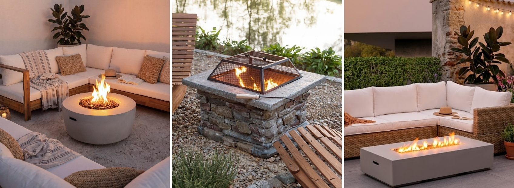 Collage with three pictures, showcasing different types of firepits in outdoor settings.
