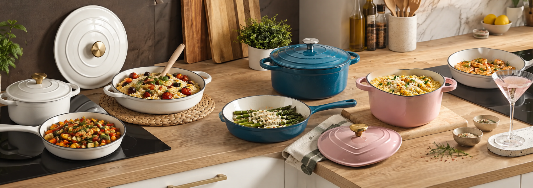 Colourful enameled cast iron cookware set with cooked food on a kitchen counter.