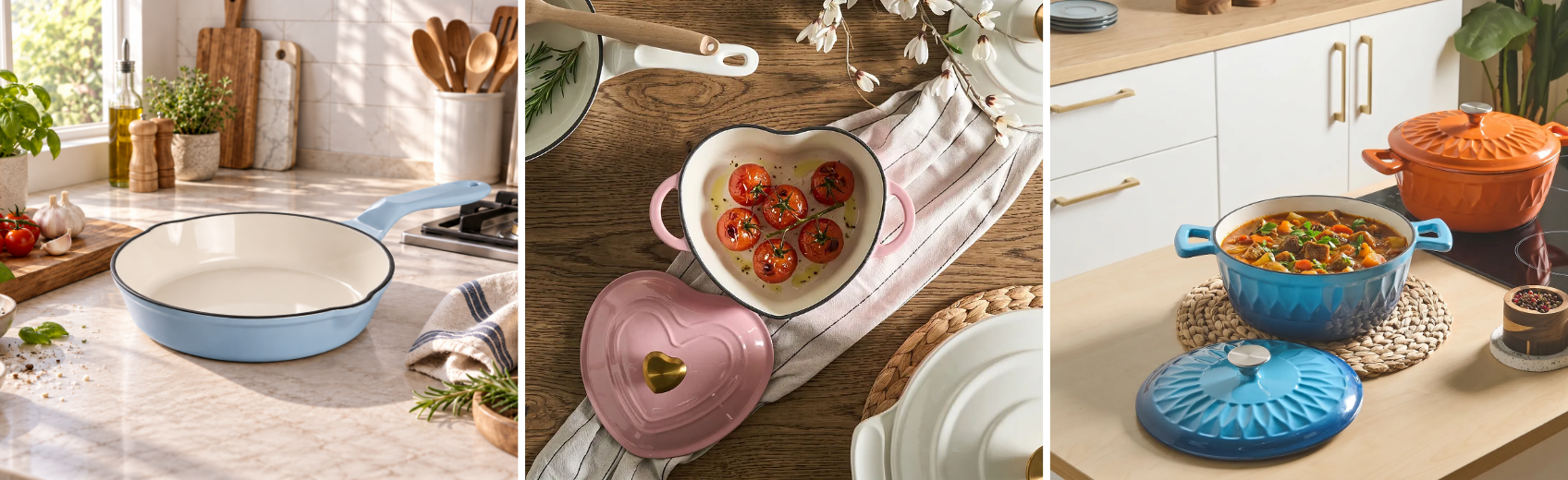 Colourful cast iron cookware collage featuring a blue skillet, pink heart dish, and blue Dutch oven.
