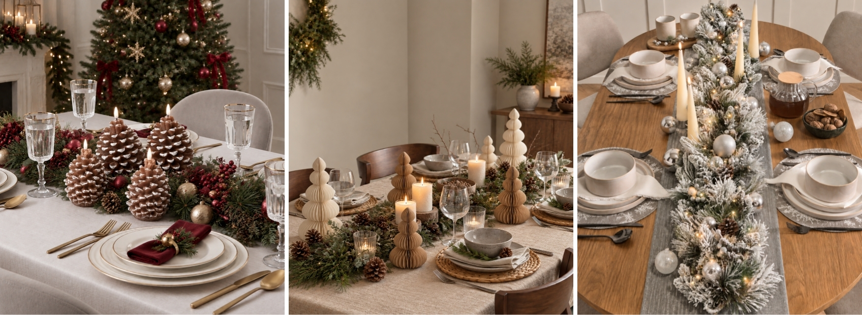 collage of three photos showing table in classic, rustic and winter wonderland style