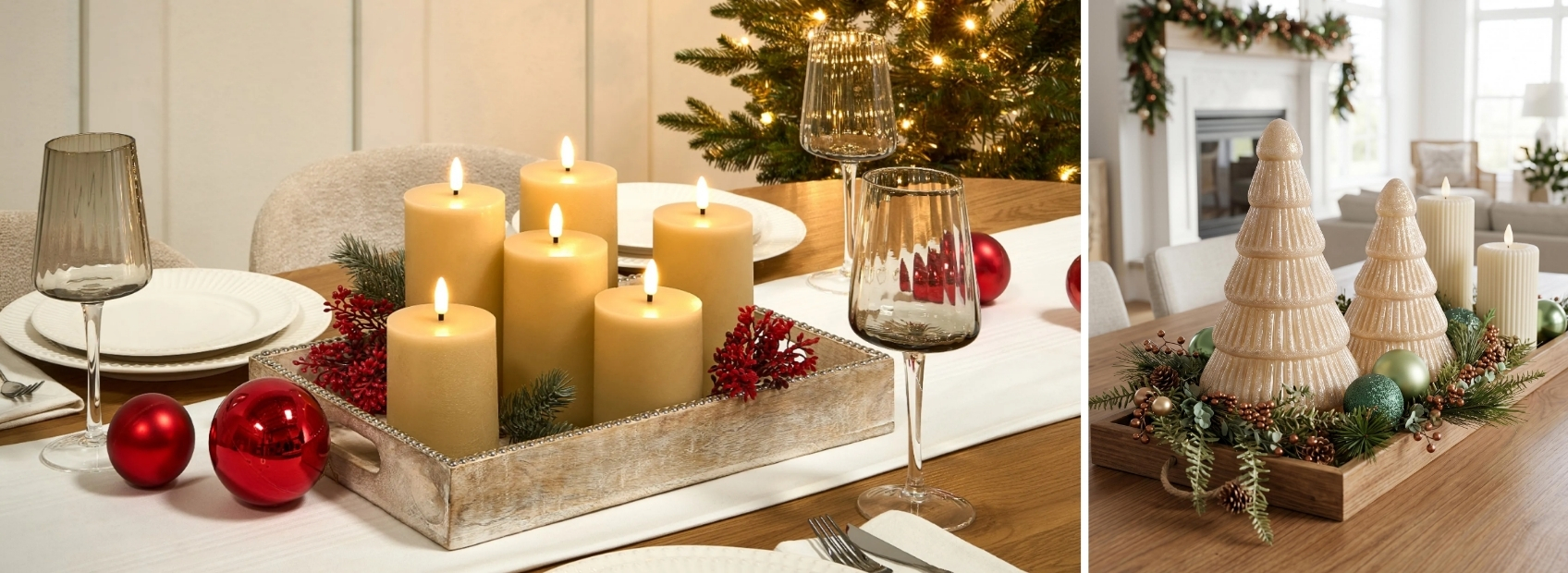 set of two photos showing christmas style table decorations